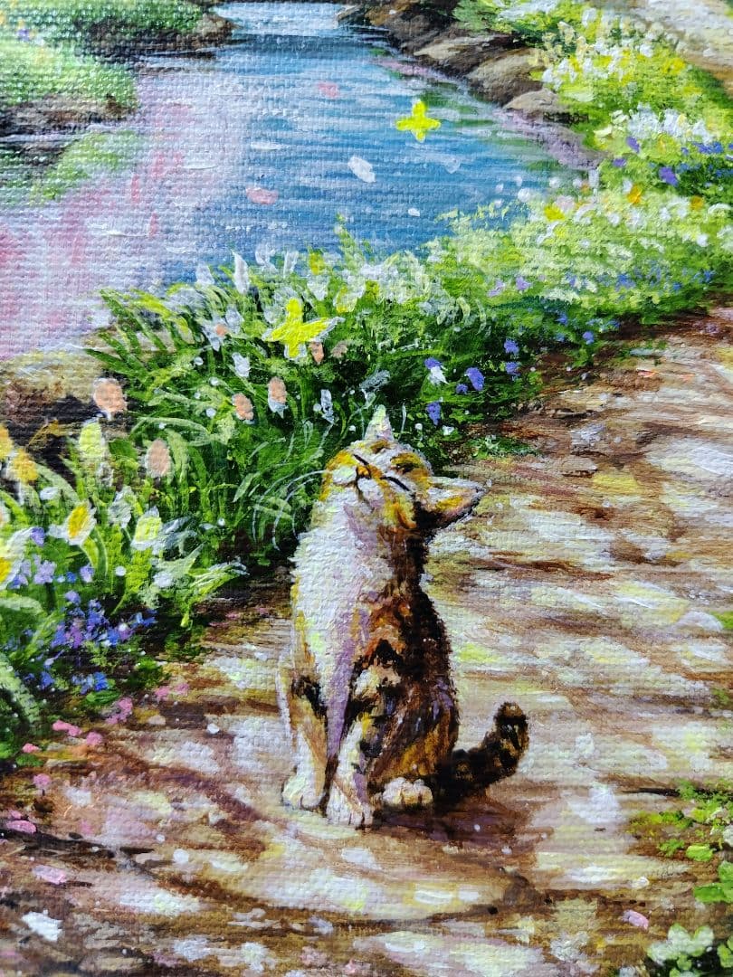 【春の散歩道】アクリル画 F3 風景画 絵画