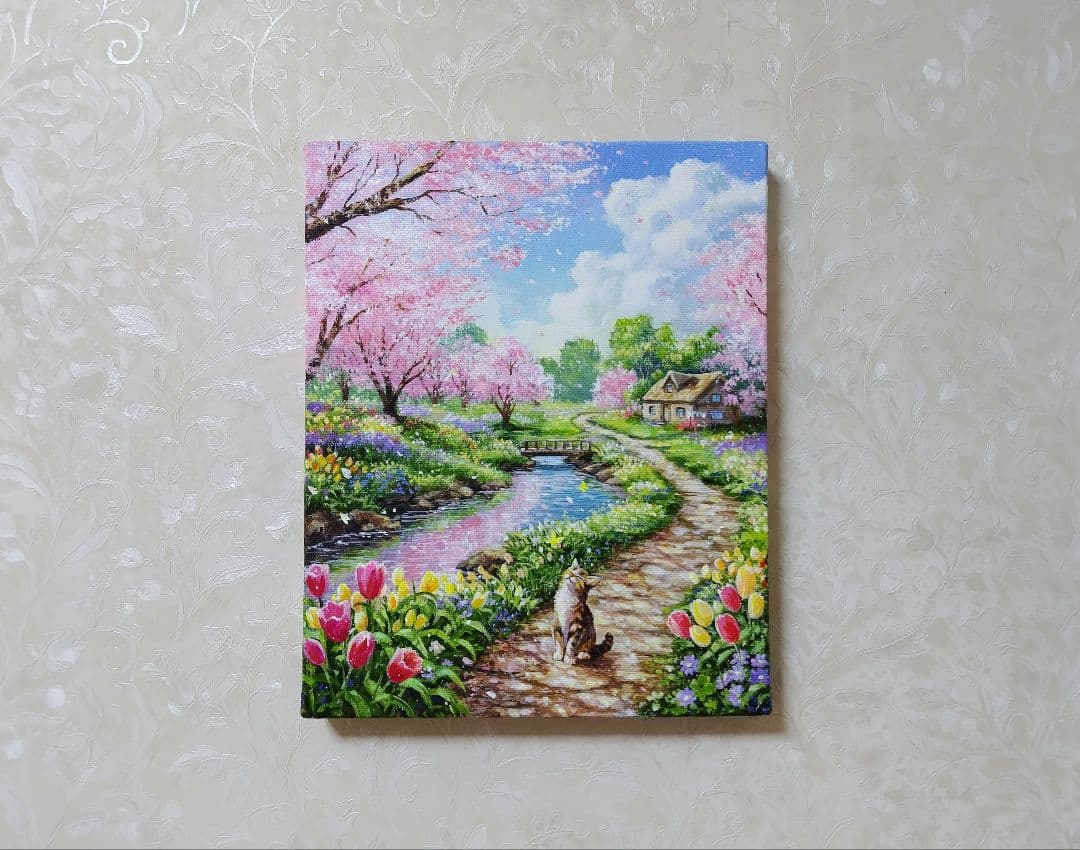 【春の散歩道】アクリル画 F3 風景画 絵画