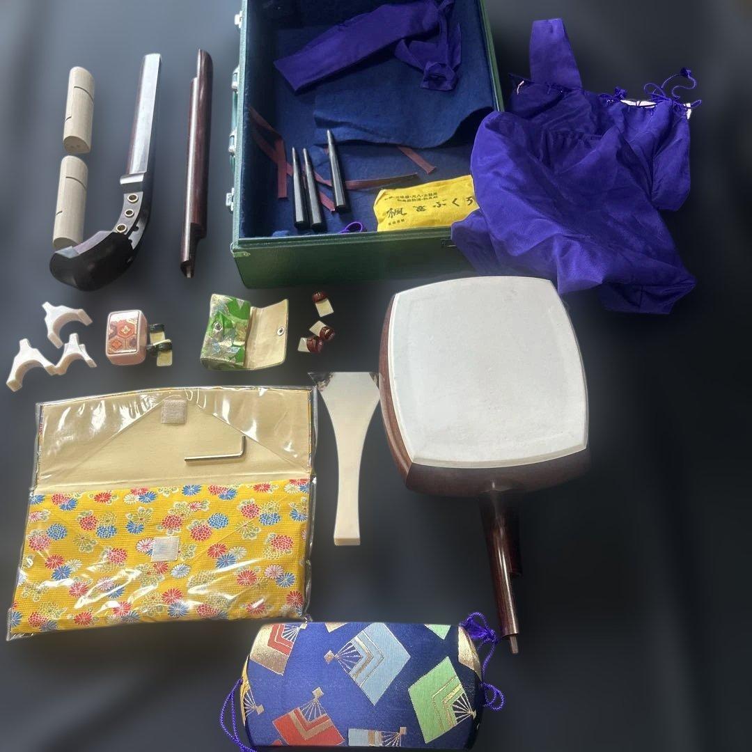 【高級／一式セット】三味線 撥・駒・ハードケース・カバー付き（皮破れあり）