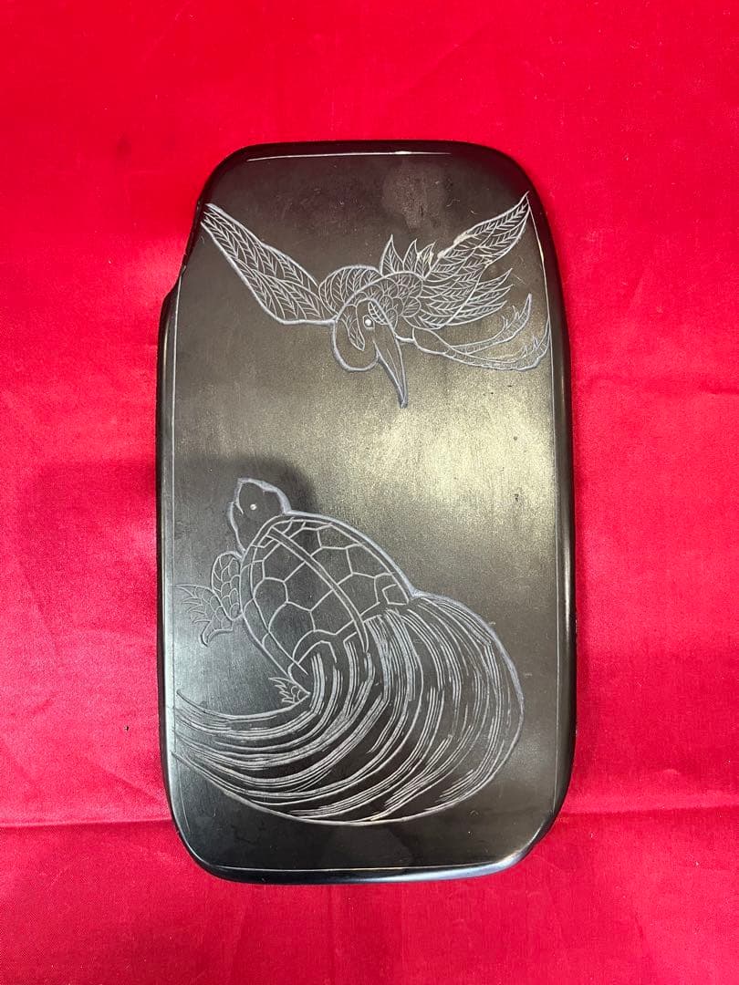 【アンティーク】雄勝硯 山崎勝作 「鶴と亀」書道具 宮城県特産 昭和レトロ