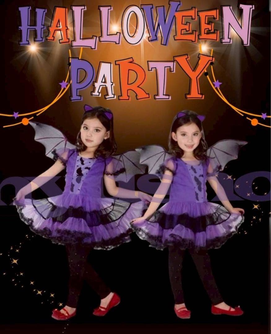 新品】100 小悪魔　ハロウィン コスプレ 女の子 魔女 キッズ　紫　コウモリ