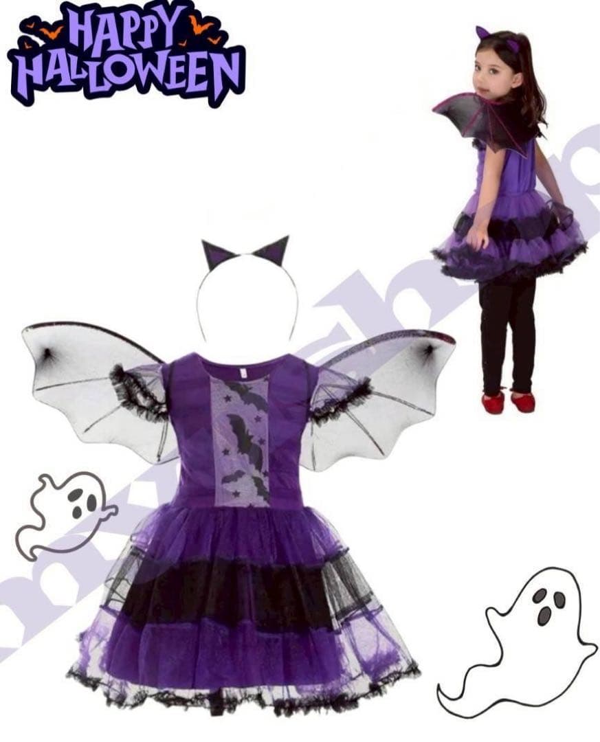 新品】100 小悪魔　ハロウィン コスプレ 女の子 魔女 キッズ　紫　コウモリ