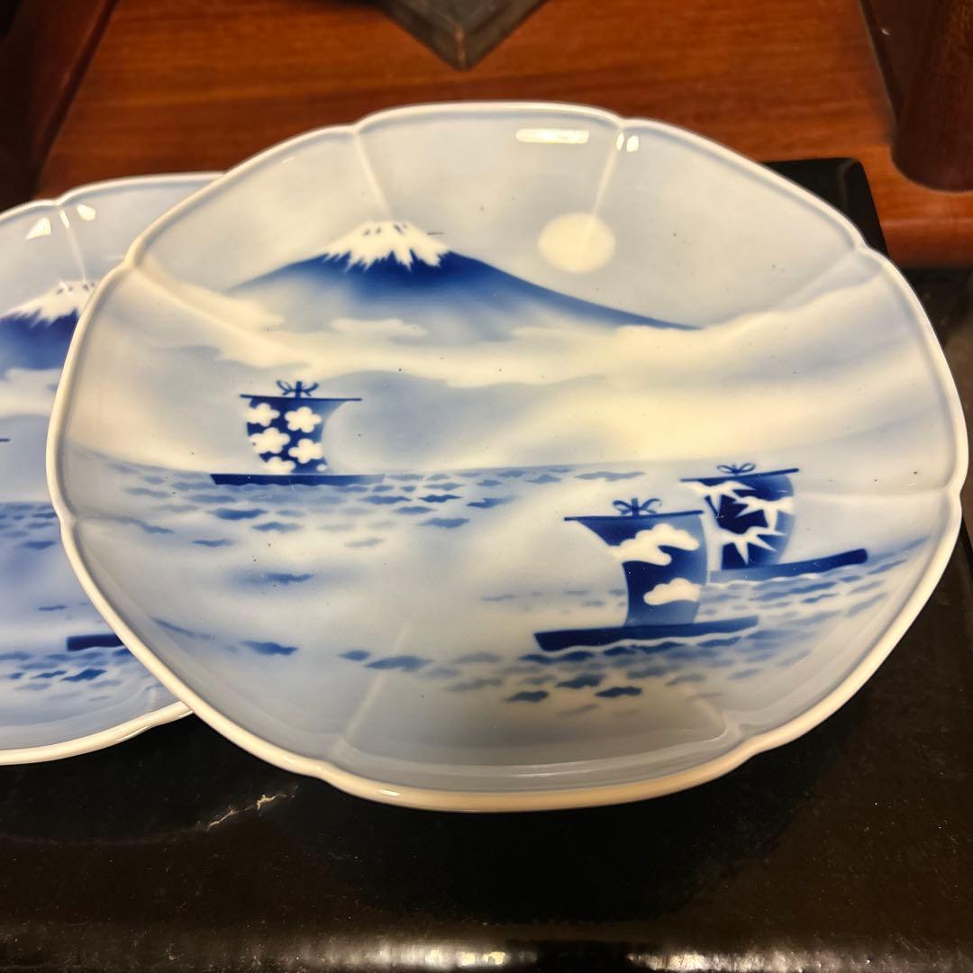 深川製磁　富士山と船の八角形皿 2枚セット