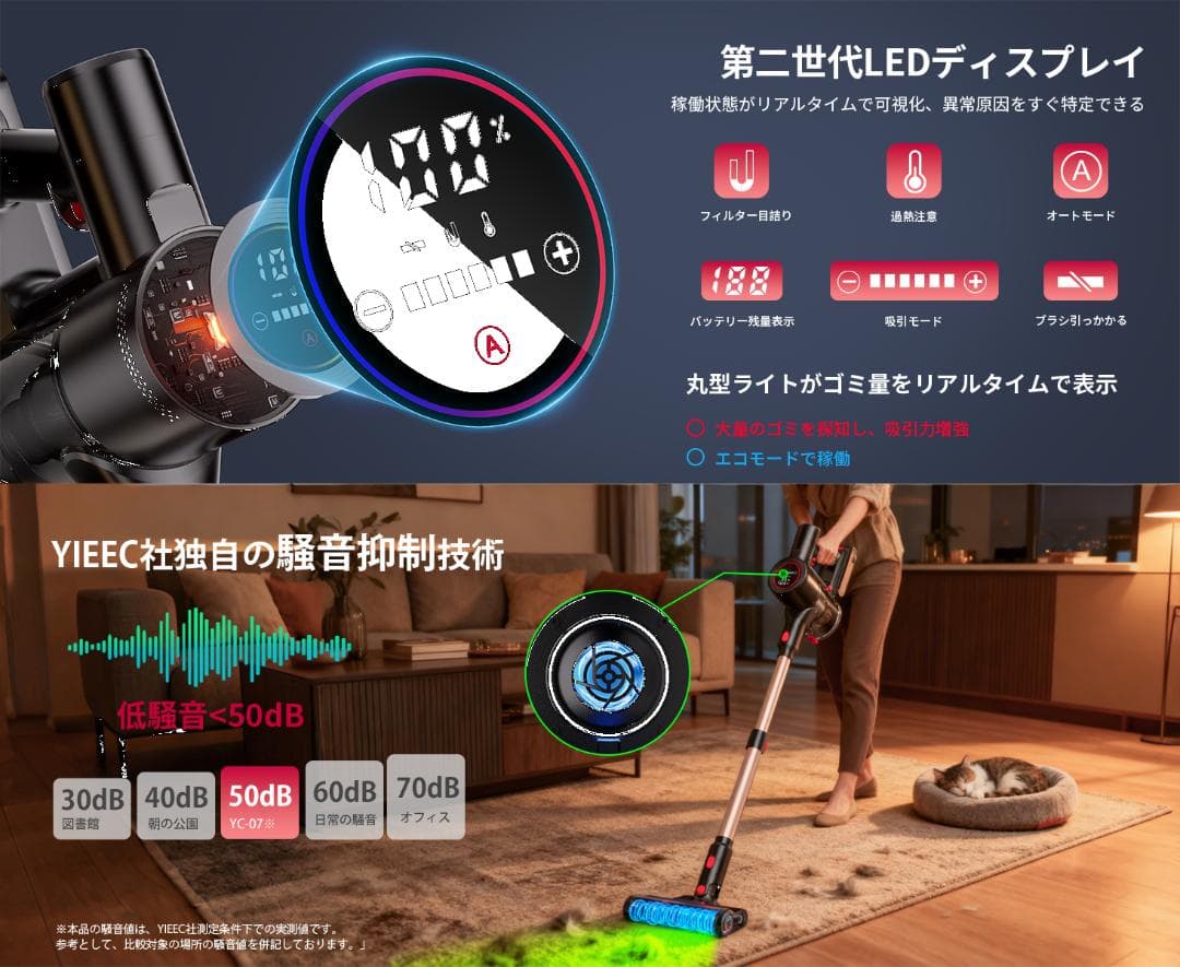コードレス掃除機 超強力 サイクロン式スティッククリーナー 自走式 LEDライト