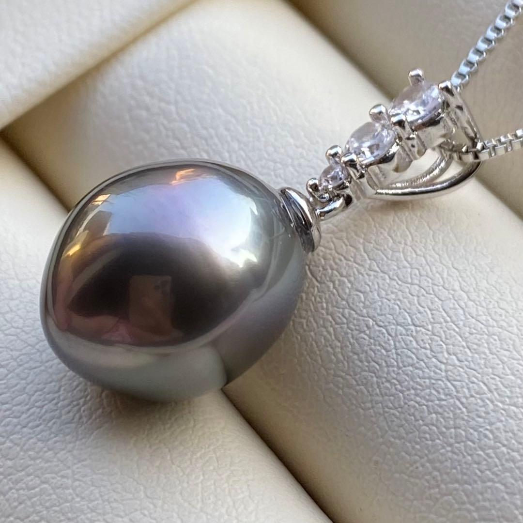 本真珠　南洋黒蝶真珠ネックレストップ14.3*12mmダークグリーンPT814