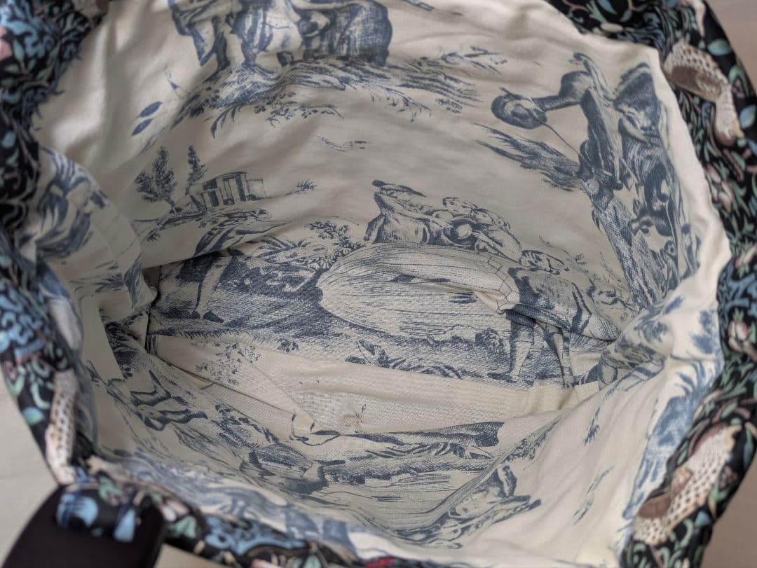 ハンドメイド ウィリアム・モリス いちご泥棒 レース付き トートバッグ ブルー系