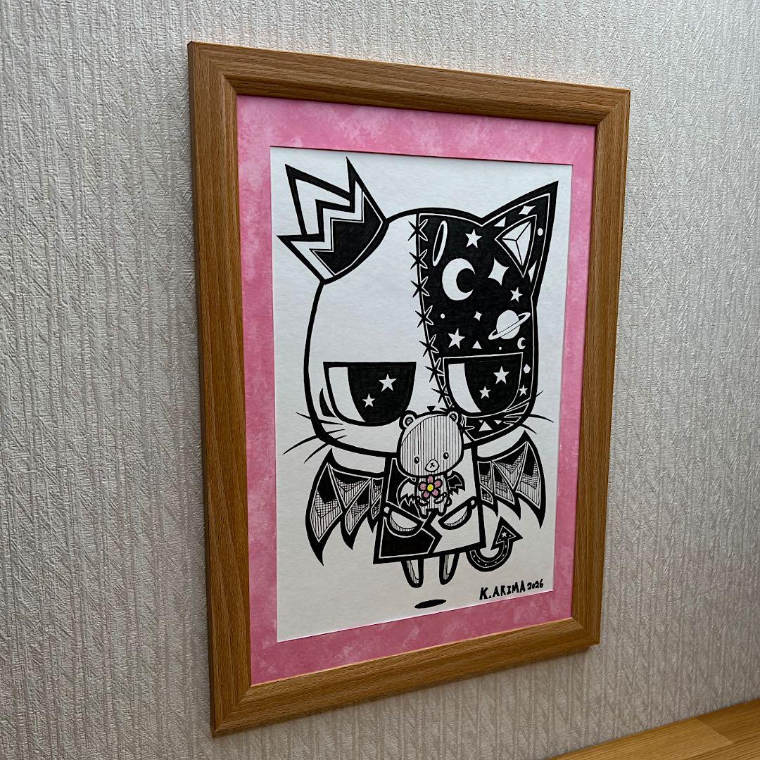動物画 原画 絵 手描き 癒し 猫 くまさん 一点物 額縁付『優しさのかけら』