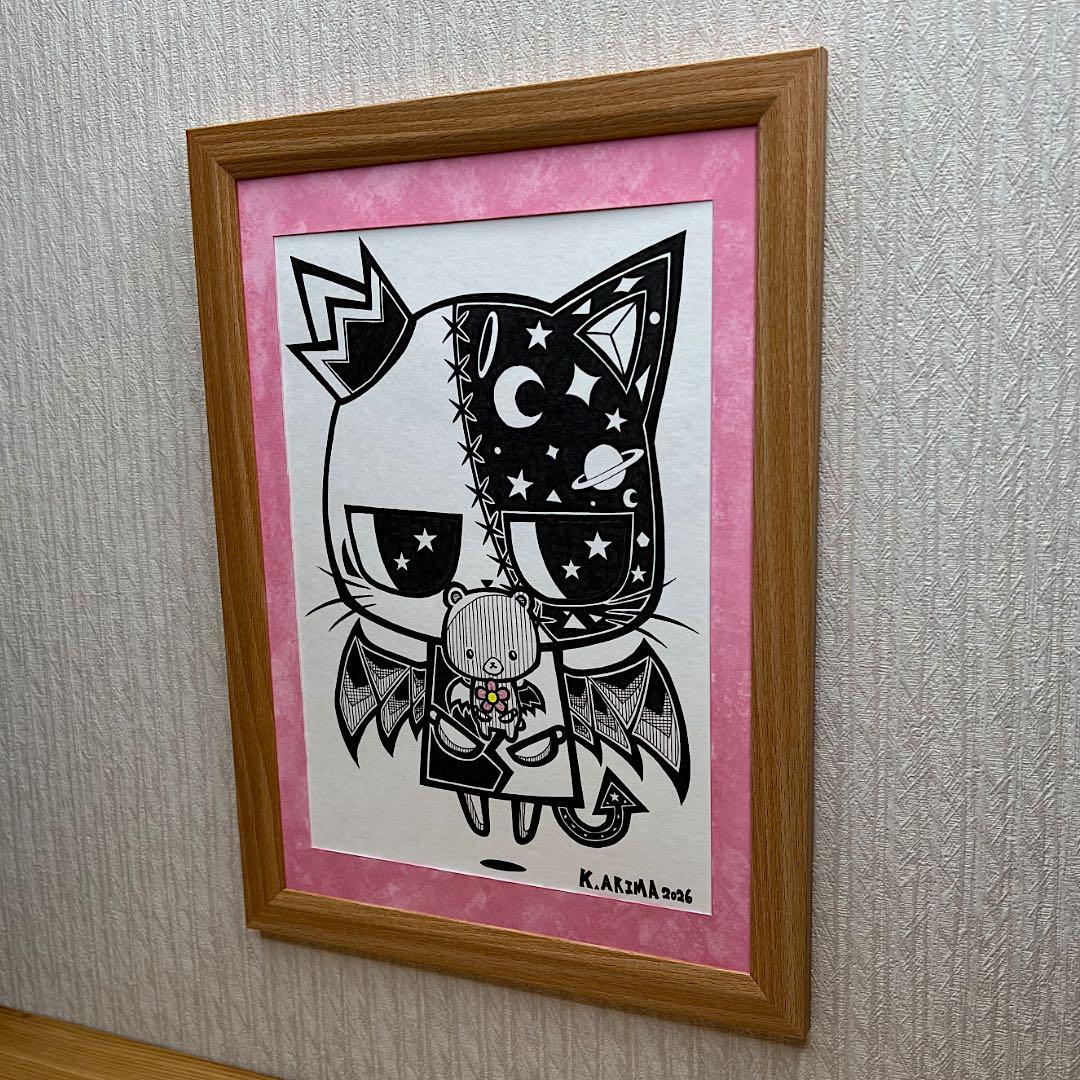 動物画 原画 絵 手描き 癒し 猫 くまさん 一点物 額縁付『優しさのかけら』