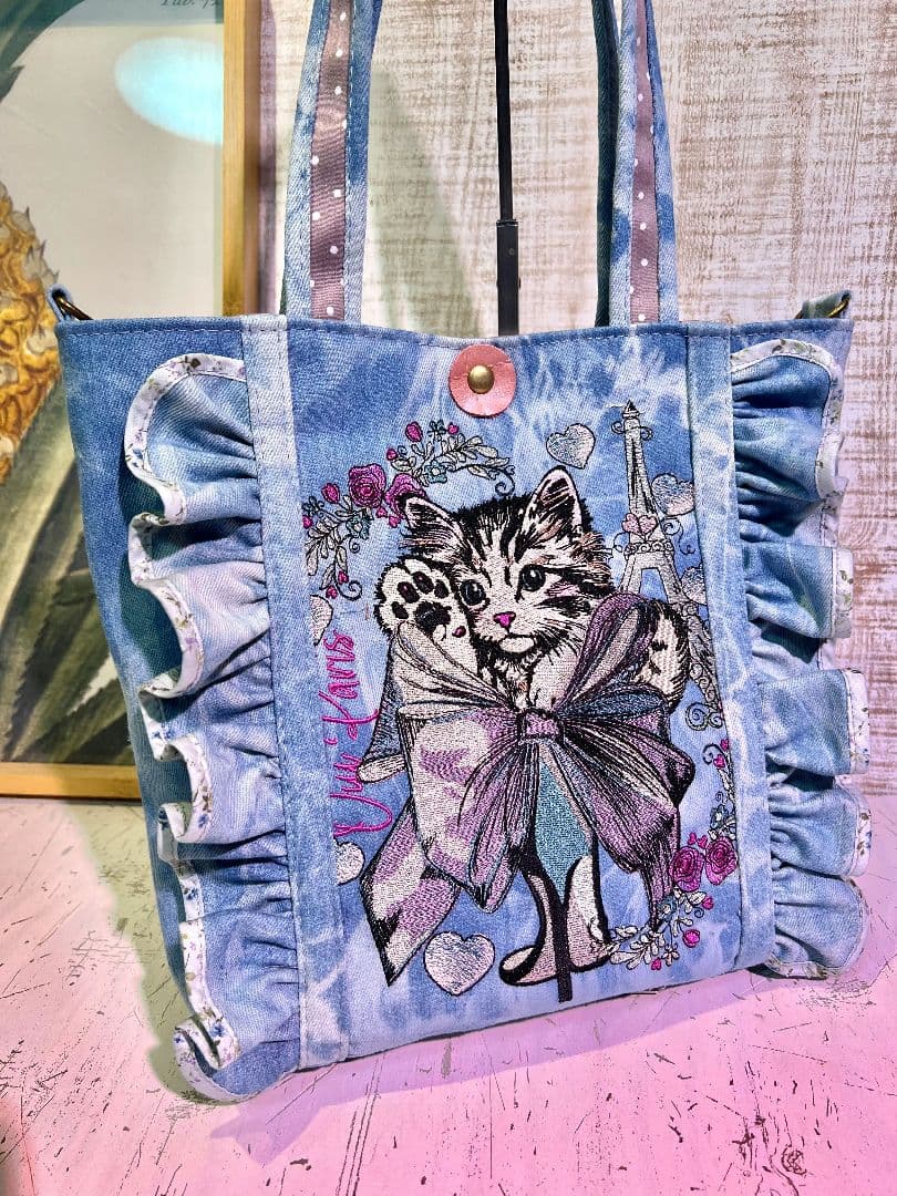 え*︎様 ライトブルーWデニム♡刺繍の肩掛けバッグ♡デニムフリルバッグ♡猫ちゃん