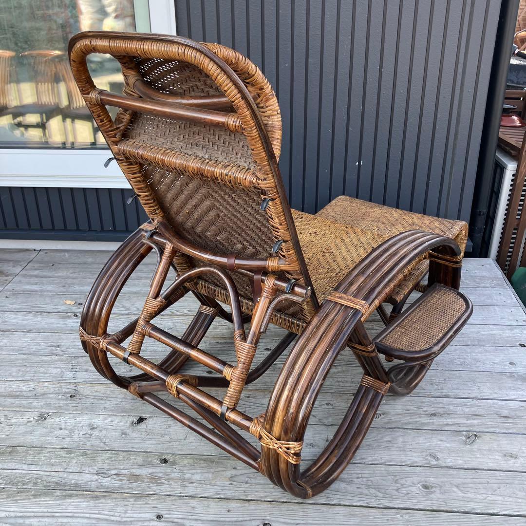 昭和レトロ ラタンリクライニングチェア 1人掛けソファー オットマン付き 籐家具