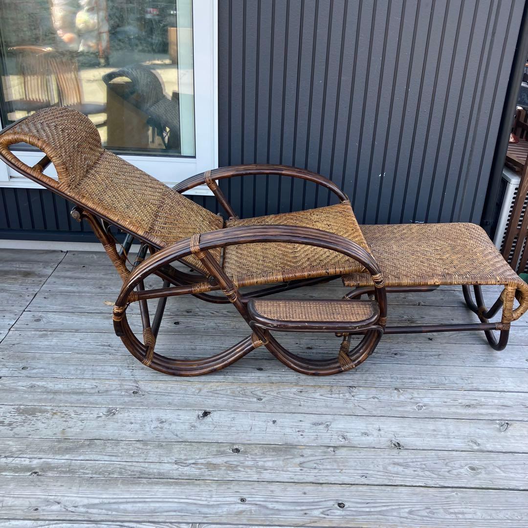 昭和レトロ ラタンリクライニングチェア 1人掛けソファー オットマン付き 籐家具