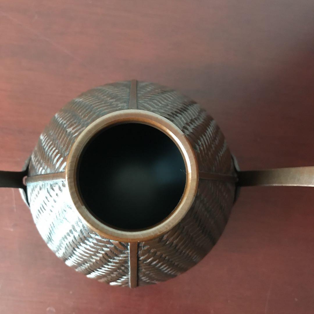 銅器　網代　手付花器　花入れ　花籠　花瓶　竹編籠