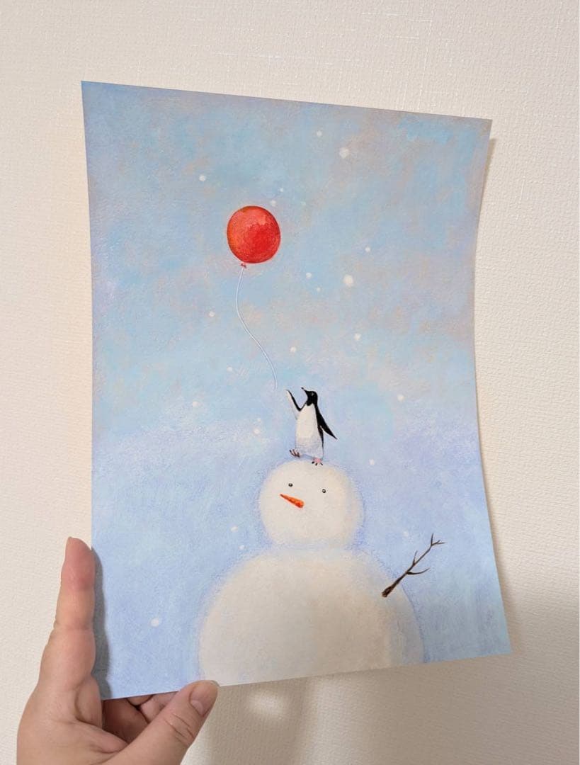 絵画　雪だるまとペンギン 2　A4サイズ　原画　額縁無し
