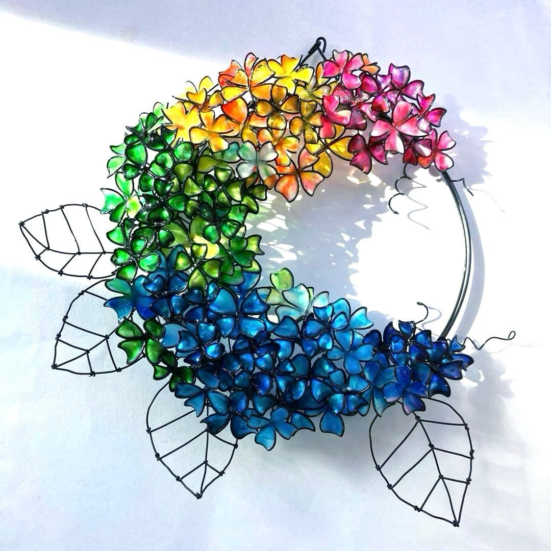 かき氷カラー　大きな紫陽花リース　ワイヤークラフト　ディップアート　一点物
