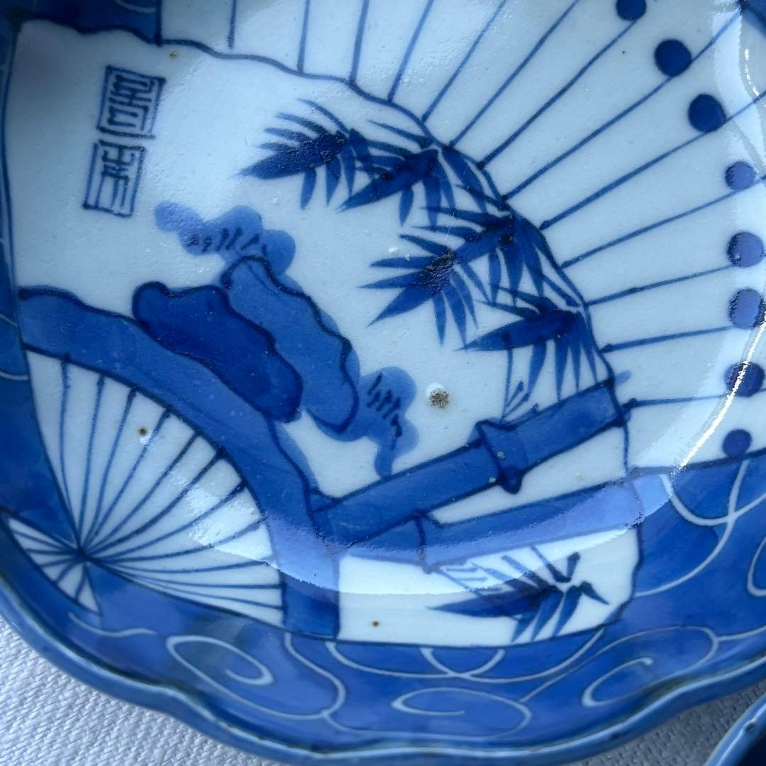 SALE!涼やかな呉須に白抜き扇竹なます皿8点(骨董古美術古道具古伊万里江戸