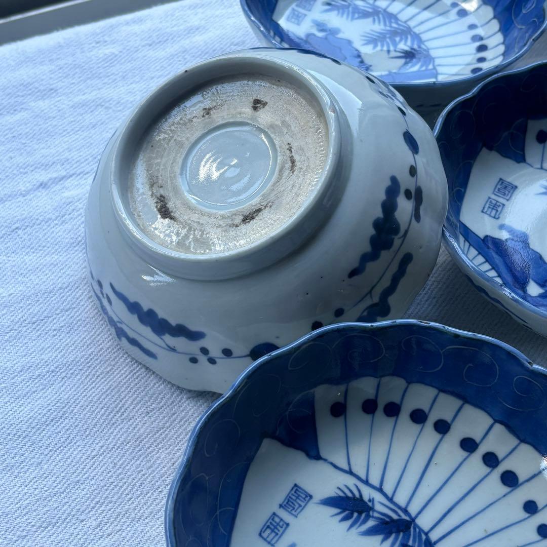 SALE!涼やかな呉須に白抜き扇竹なます皿8点(骨董古美術古道具古伊万里江戸
