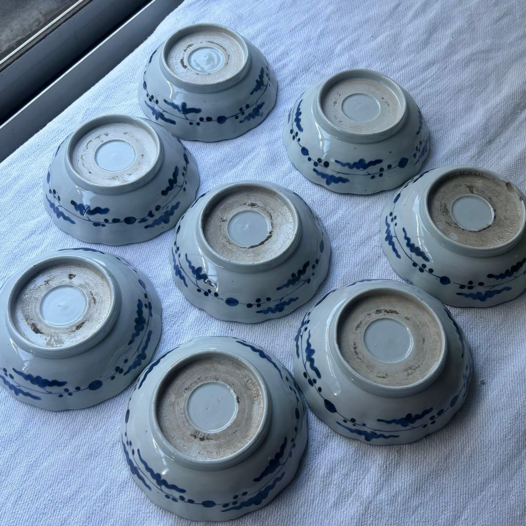 SALE!涼やかな呉須に白抜き扇竹なます皿8点(骨董古美術古道具古伊万里江戸