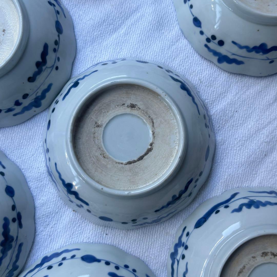 SALE!涼やかな呉須に白抜き扇竹なます皿8点(骨董古美術古道具古伊万里江戸