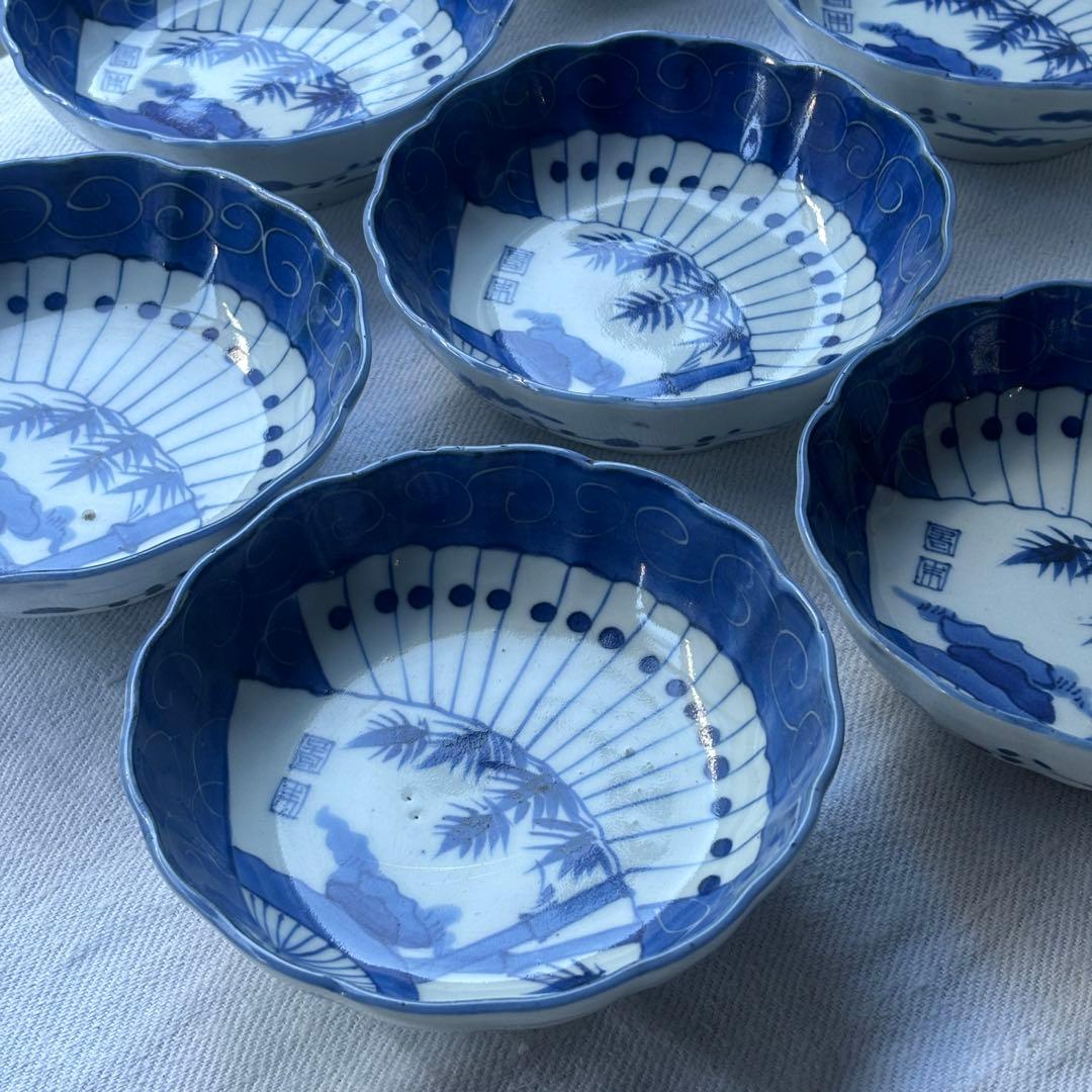 SALE!涼やかな呉須に白抜き扇竹なます皿8点(骨董古美術古道具古伊万里江戸