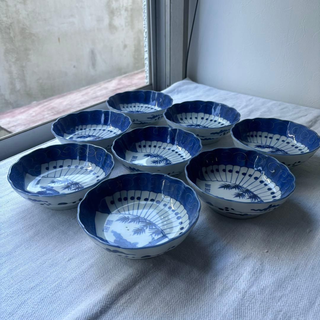 SALE!涼やかな呉須に白抜き扇竹なます皿8点(骨董古美術古道具古伊万里江戸