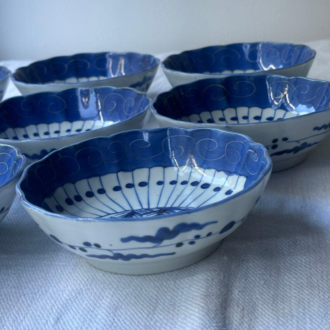 SALE!涼やかな呉須に白抜き扇竹なます皿8点(骨董古美術古道具古伊万里江戸