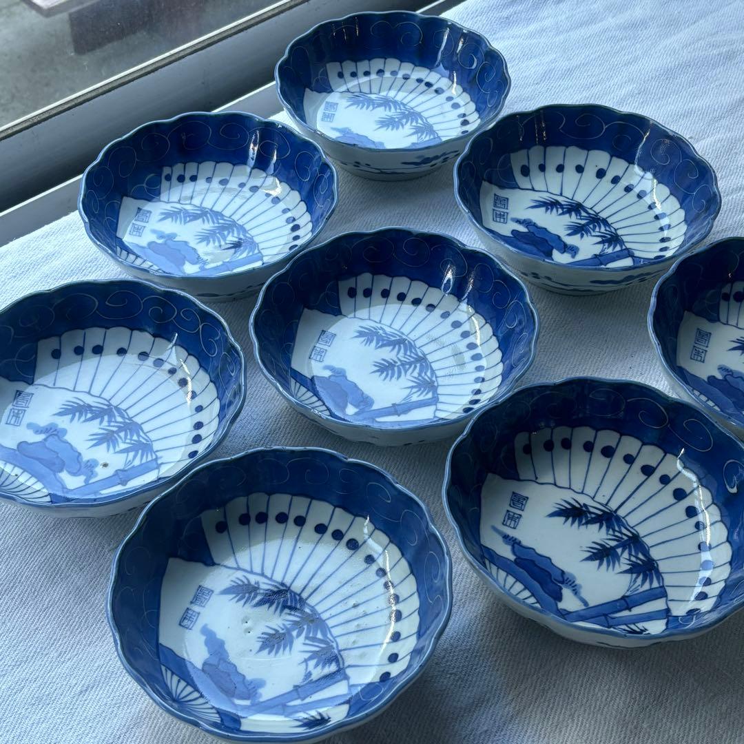 SALE!涼やかな呉須に白抜き扇竹なます皿8点(骨董古美術古道具古伊万里江戸