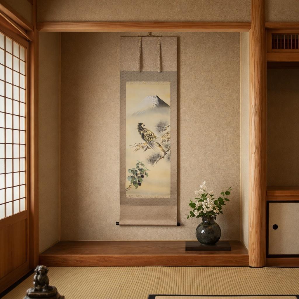 【真作】掛軸　尾崎春秋　一富士二鷹三茄子　雄鷹と富士山　日本画　共箱入　V129