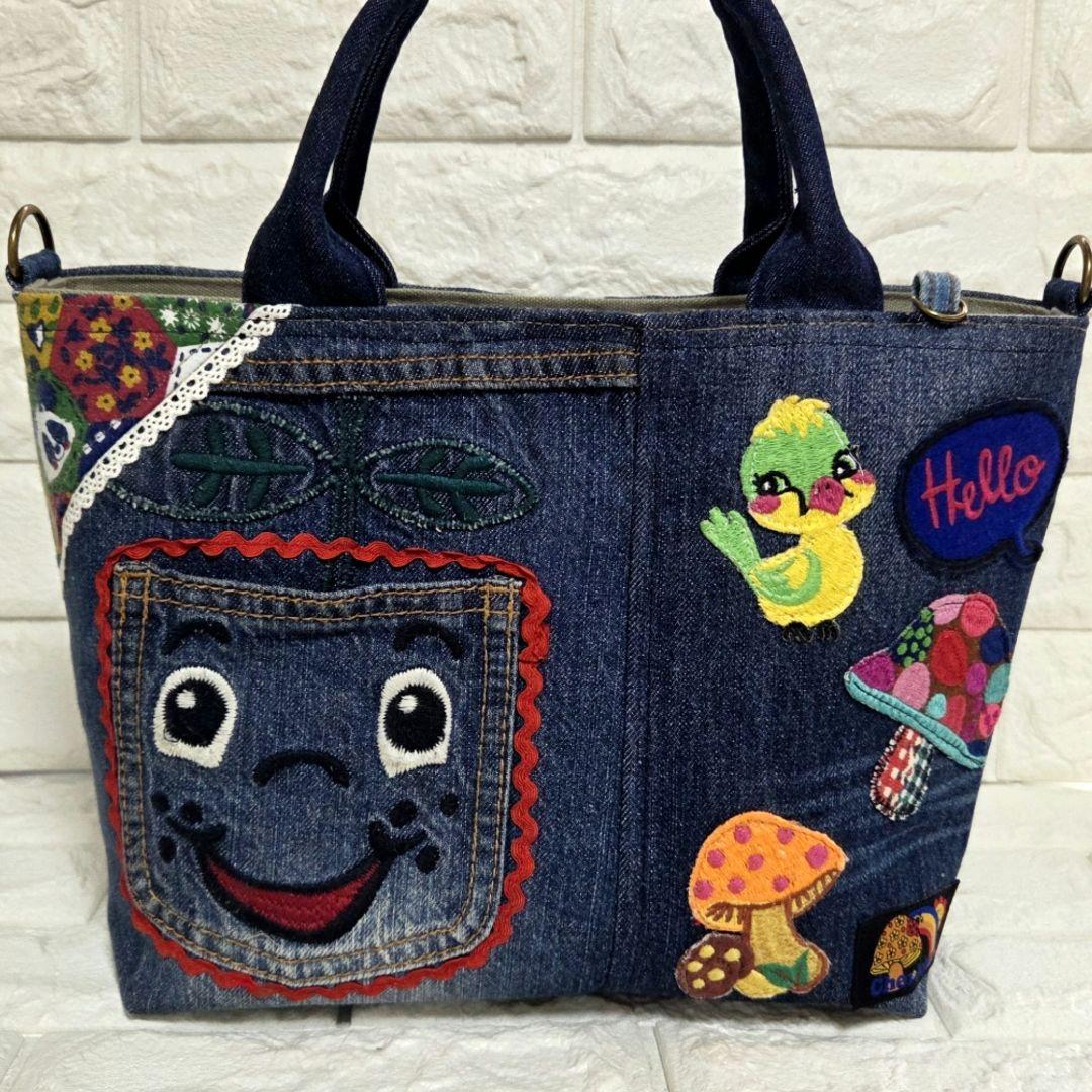 948 デニム＊リメイク＊パンダ刺繍＊バッグ＊トートバッグ