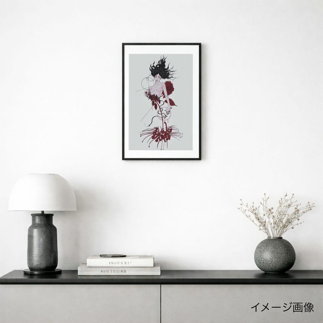 絵画 オリジナル 女性と花のイラストレーション（フレーム付き）