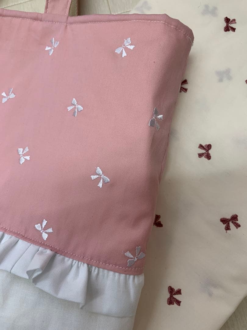 ３点セット　リボン刺繍　ピンク　レッスンバッグ　上履き袋　上靴袋　体操服袋