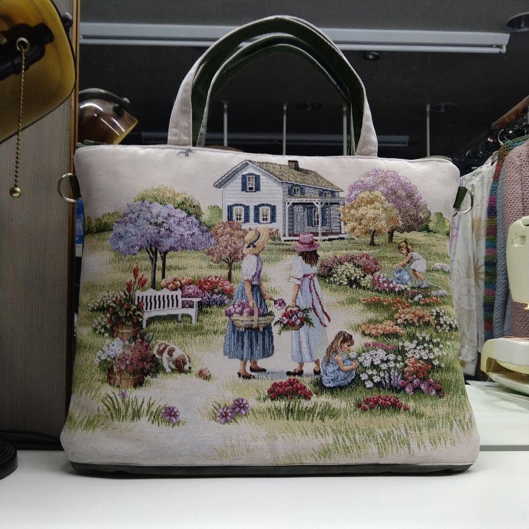 HANDMADEゴブランパネル生地グリーンゲイブルズ&スェード調大型トートバッグ