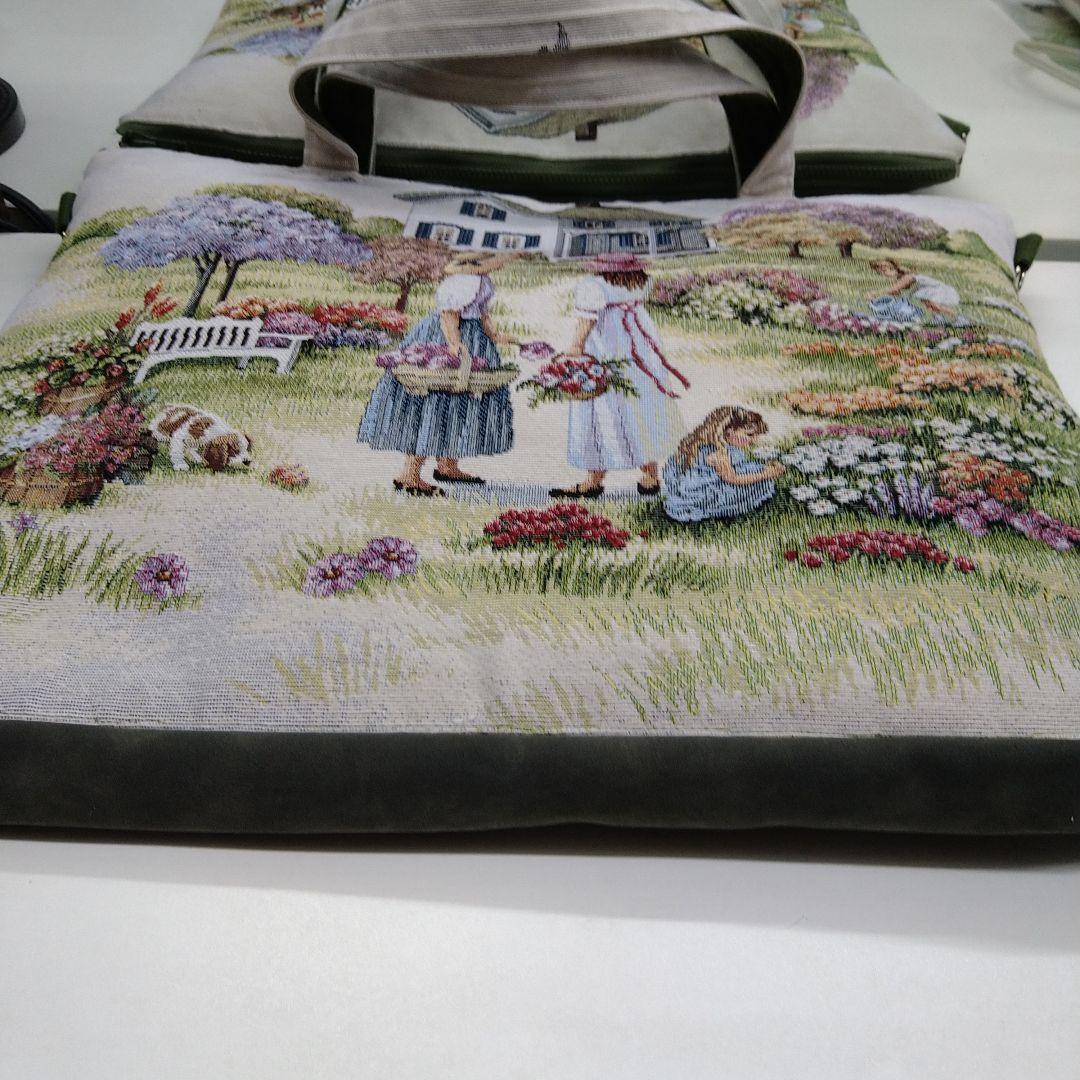 HANDMADEゴブランパネル生地グリーンゲイブルズ&スェード調大型トートバッグ