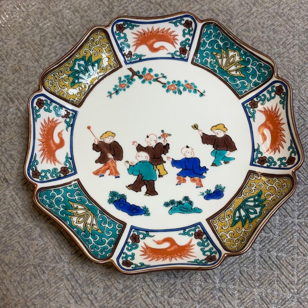 H950\" 九谷焼 八角皿 青郊窯 唐子模様 18㎝ 10㎝ 8枚セット