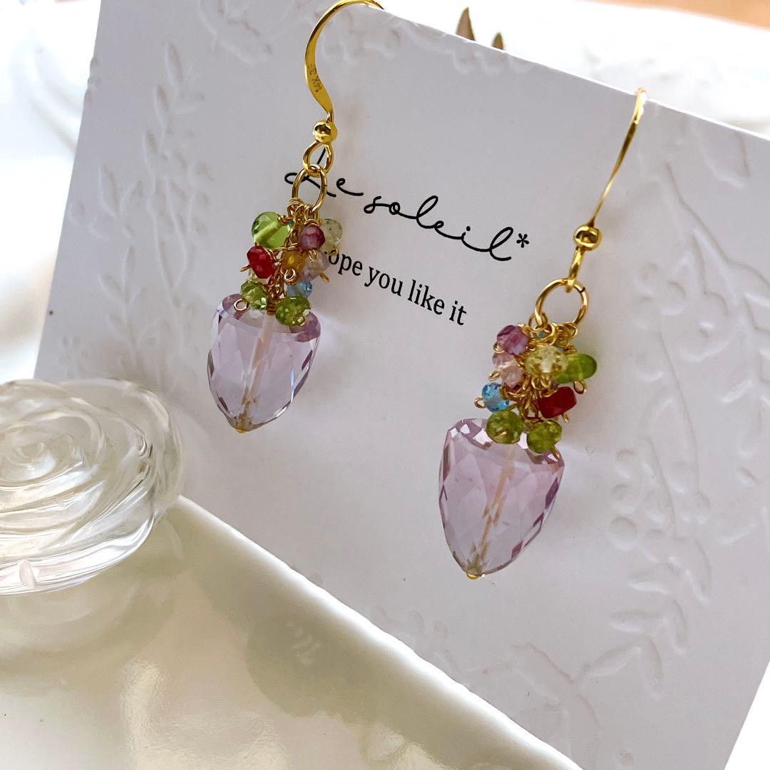 ポメころび◆一点物✧ラベンダーアメシスト×小粒天然石ピアス✧花籠ピアス