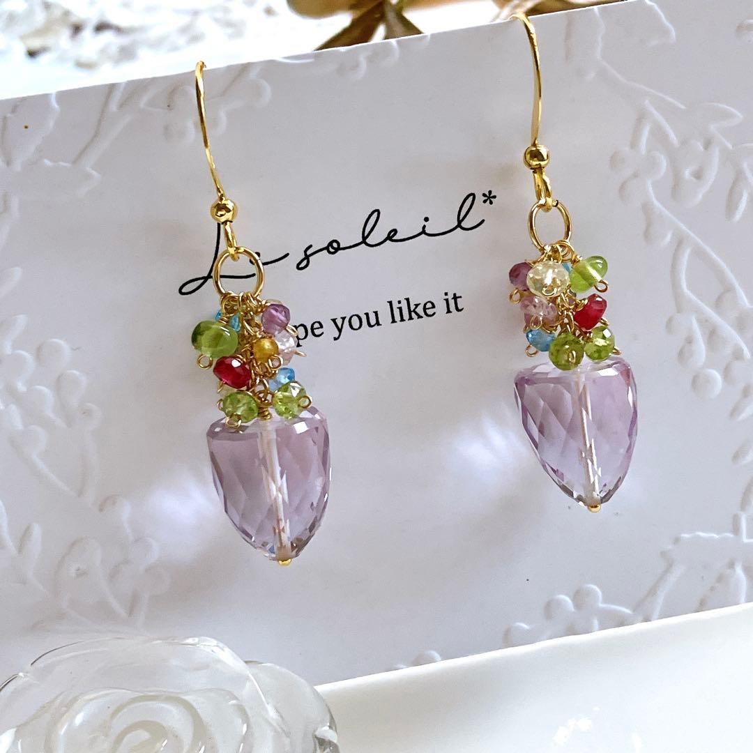 ポメころび◆一点物✧ラベンダーアメシスト×小粒天然石ピアス✧花籠ピアス