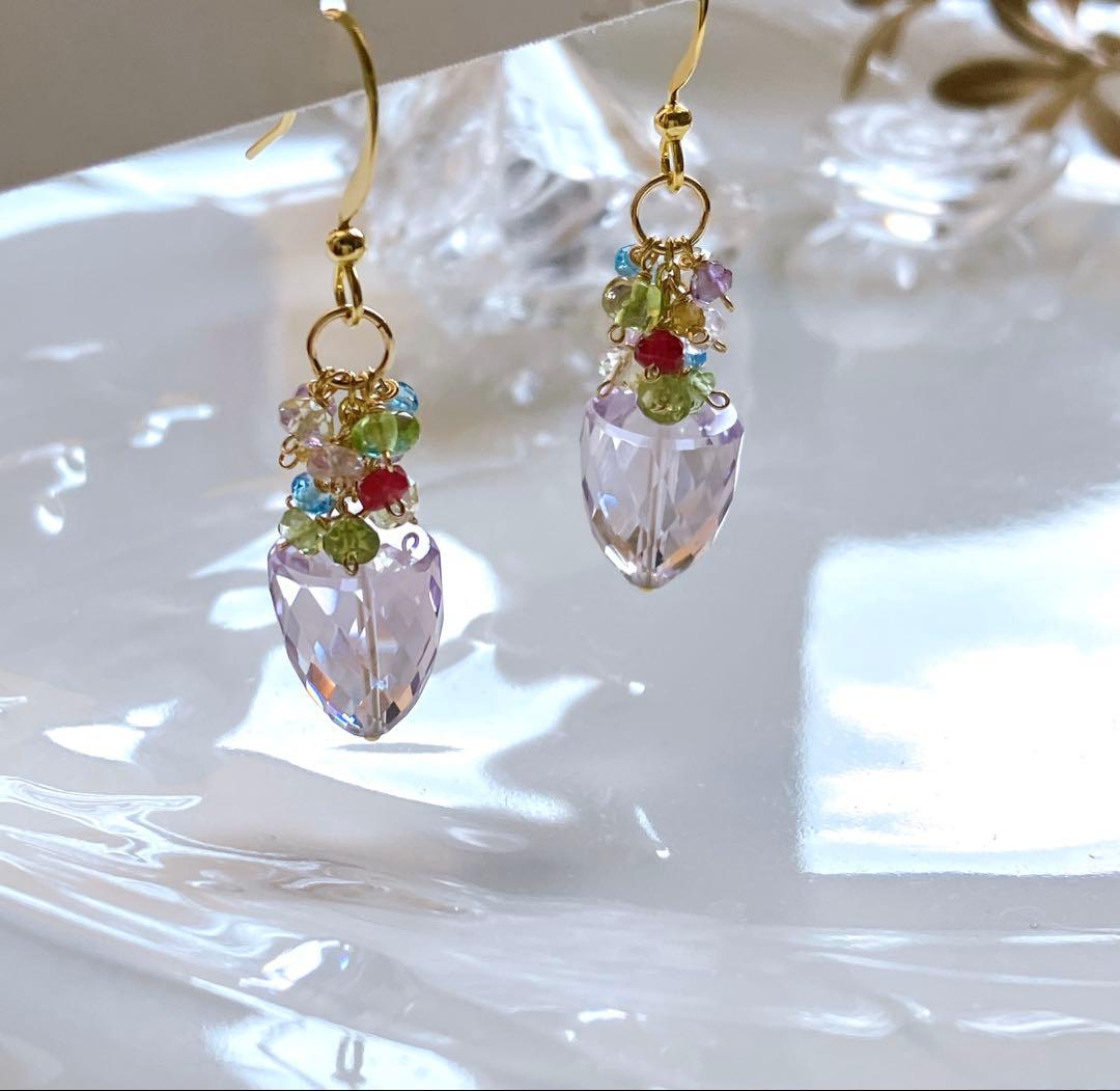 ポメころび◆一点物✧ラベンダーアメシスト×小粒天然石ピアス✧花籠ピアス