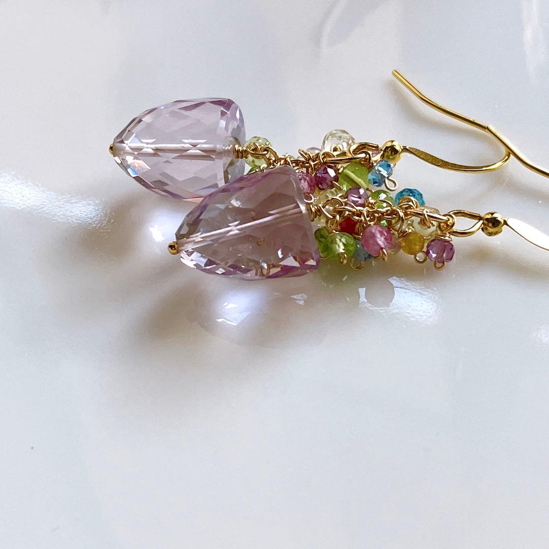 ポメころび◆一点物✧ラベンダーアメシスト×小粒天然石ピアス✧花籠ピアス