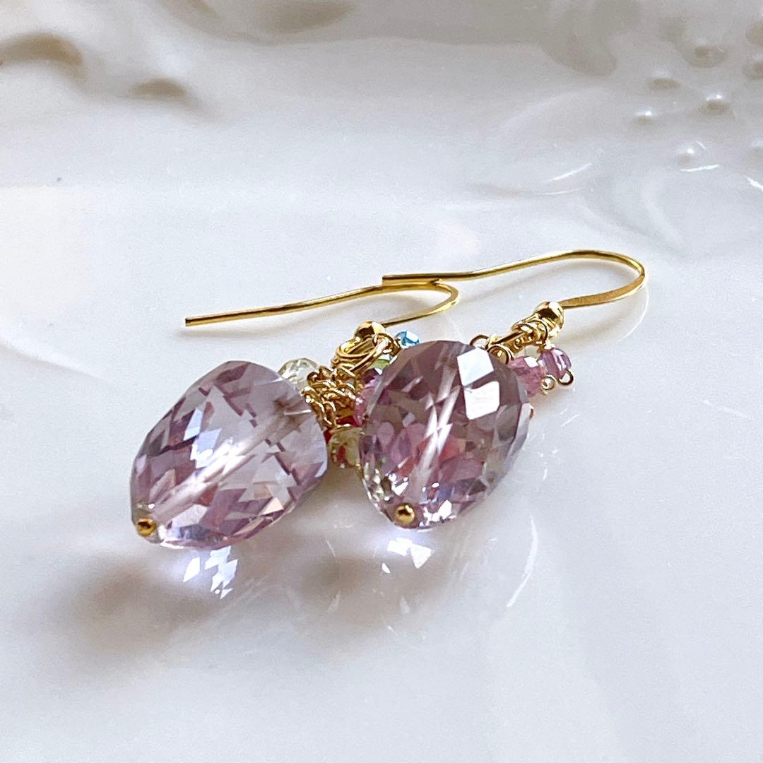 ポメころび◆一点物✧ラベンダーアメシスト×小粒天然石ピアス✧花籠ピアス