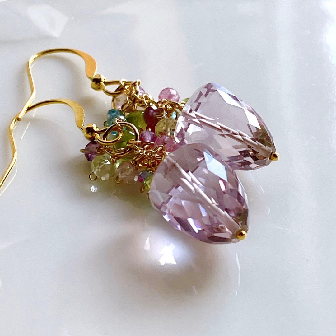 ポメころび◆一点物✧ラベンダーアメシスト×小粒天然石ピアス✧花籠ピアス