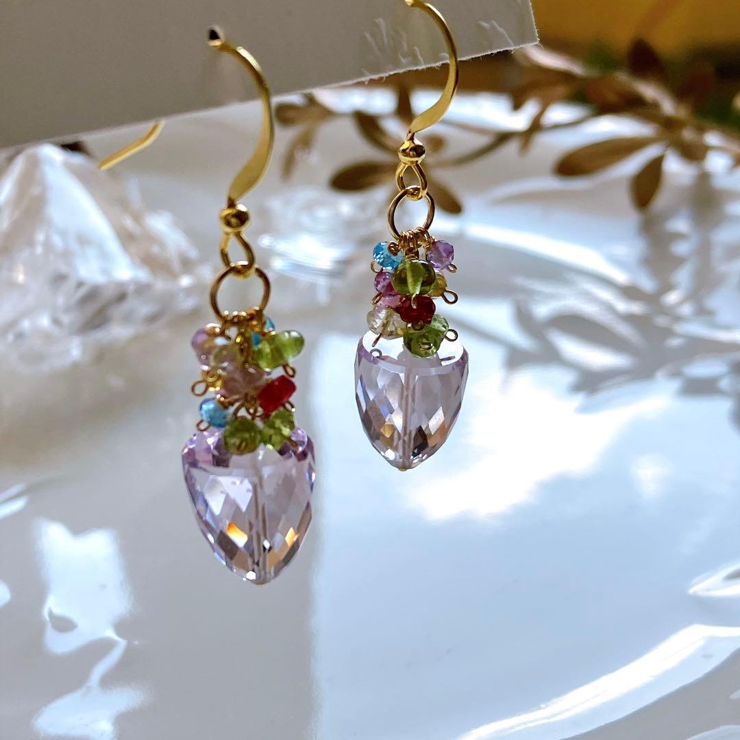 ポメころび◆一点物✧ラベンダーアメシスト×小粒天然石ピアス✧花籠ピアス