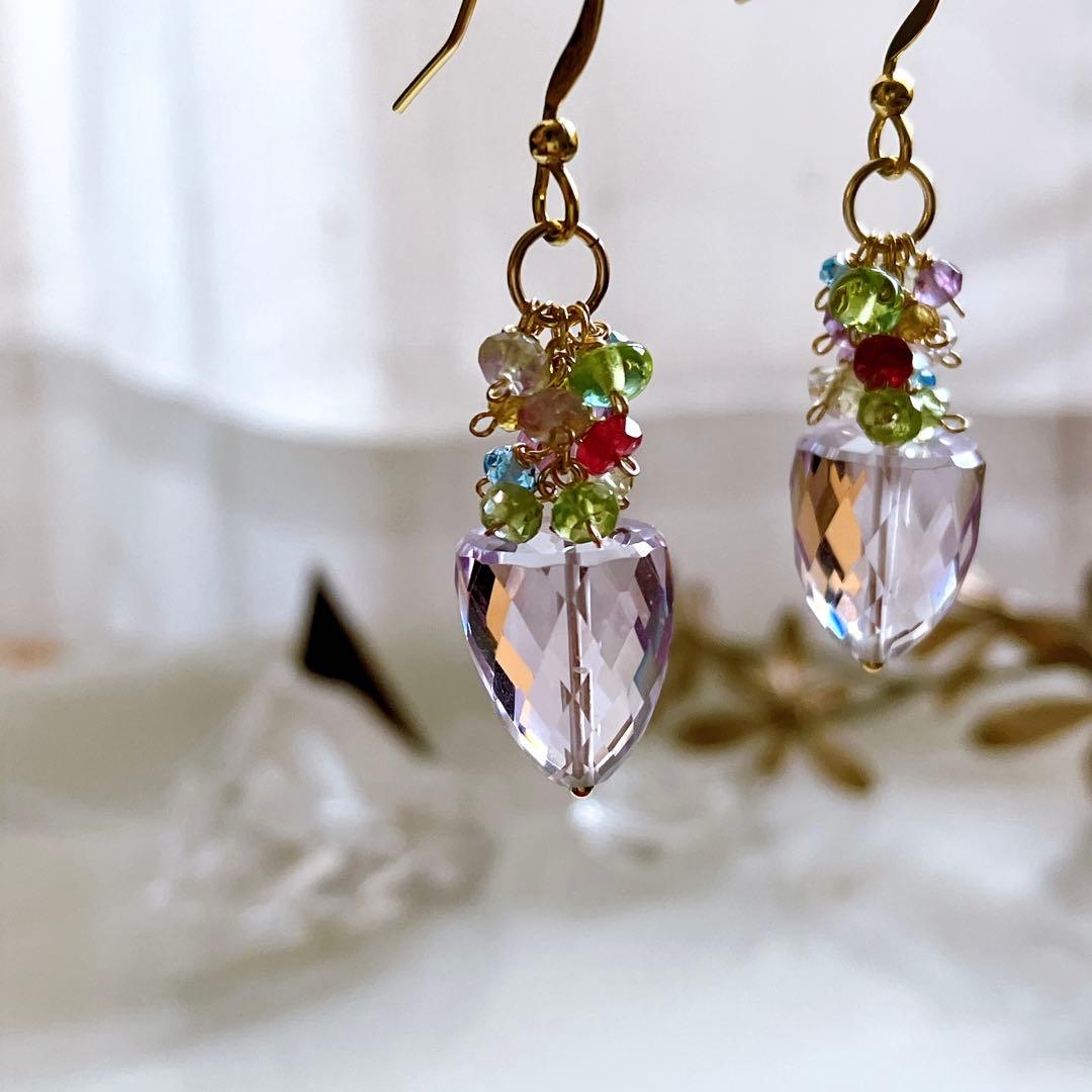 ポメころび◆一点物✧ラベンダーアメシスト×小粒天然石ピアス✧花籠ピアス