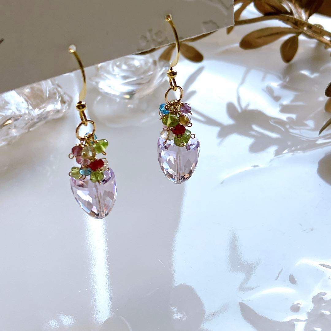 ポメころび◆一点物✧ラベンダーアメシスト×小粒天然石ピアス✧花籠ピアス