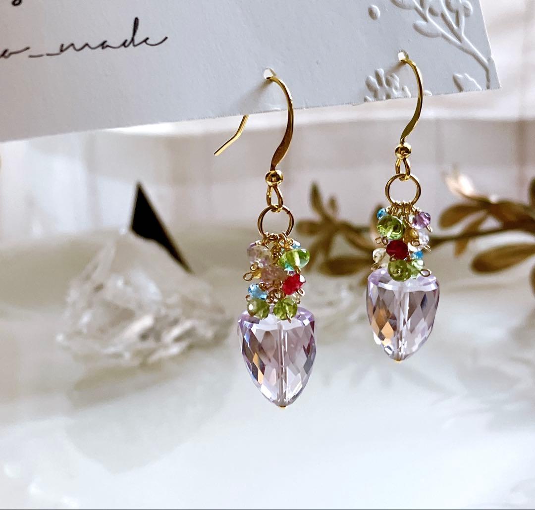 ポメころび◆一点物✧ラベンダーアメシスト×小粒天然石ピアス✧花籠ピアス