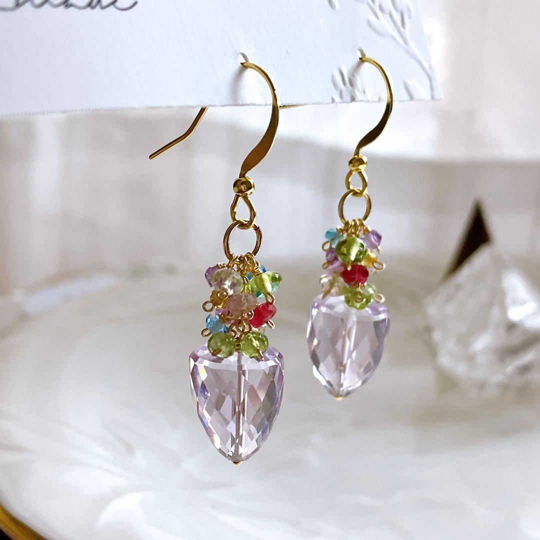 ポメころび◆一点物✧ラベンダーアメシスト×小粒天然石ピアス✧花籠ピアス
