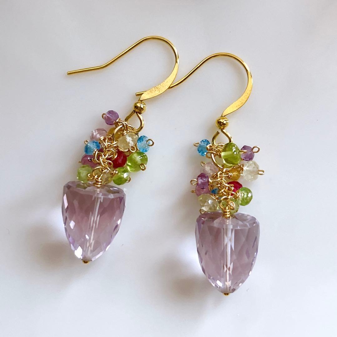 ポメころび◆一点物✧ラベンダーアメシスト×小粒天然石ピアス✧花籠ピアス