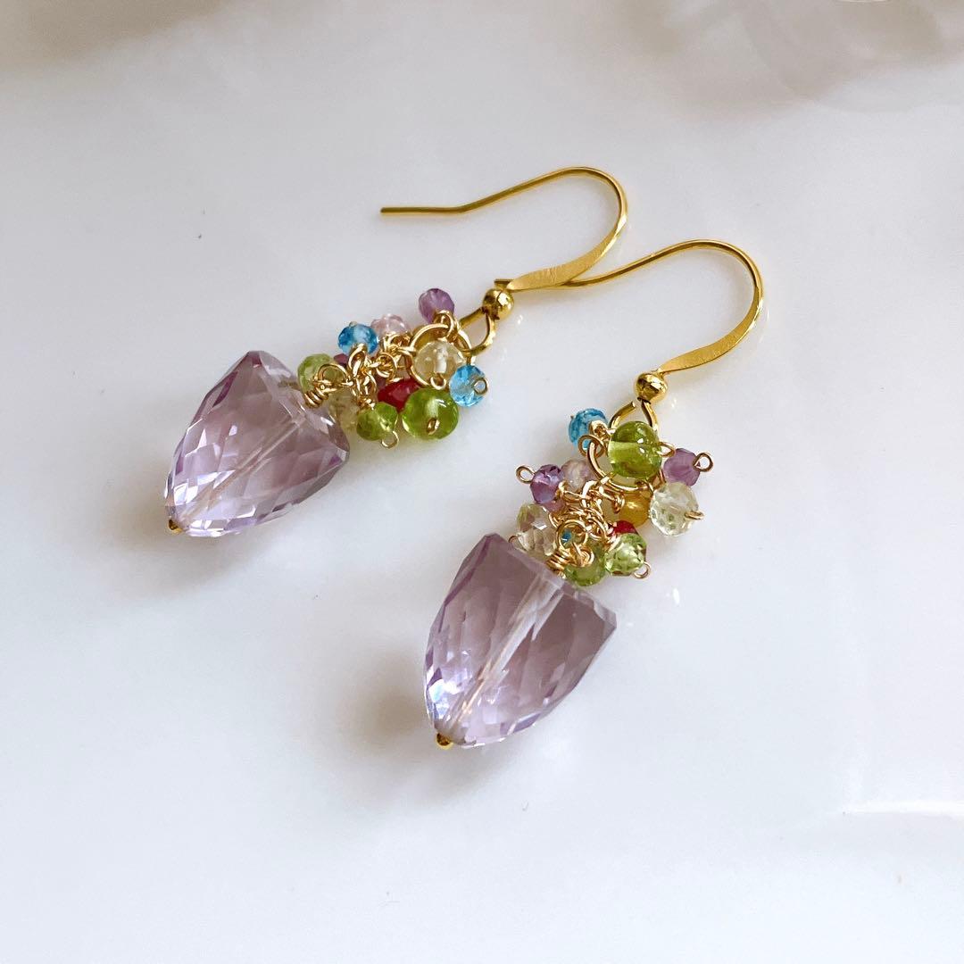 ポメころび◆一点物✧ラベンダーアメシスト×小粒天然石ピアス✧花籠ピアス