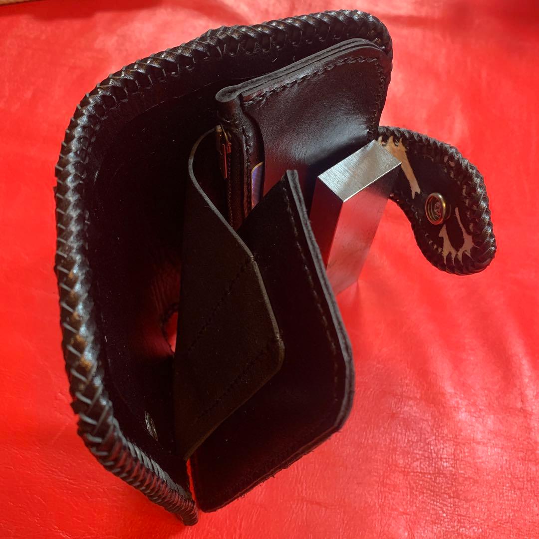 レザークラフトハンドメイドカウ柄ハラコレザーミドルウォレット牛レース編み黒色