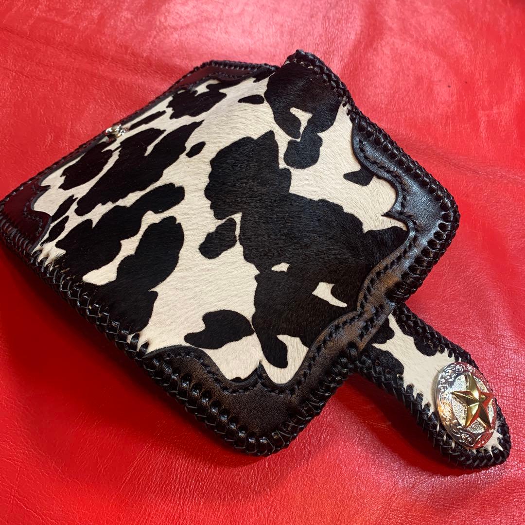 レザークラフトハンドメイドカウ柄ハラコレザーミドルウォレット牛レース編み黒色