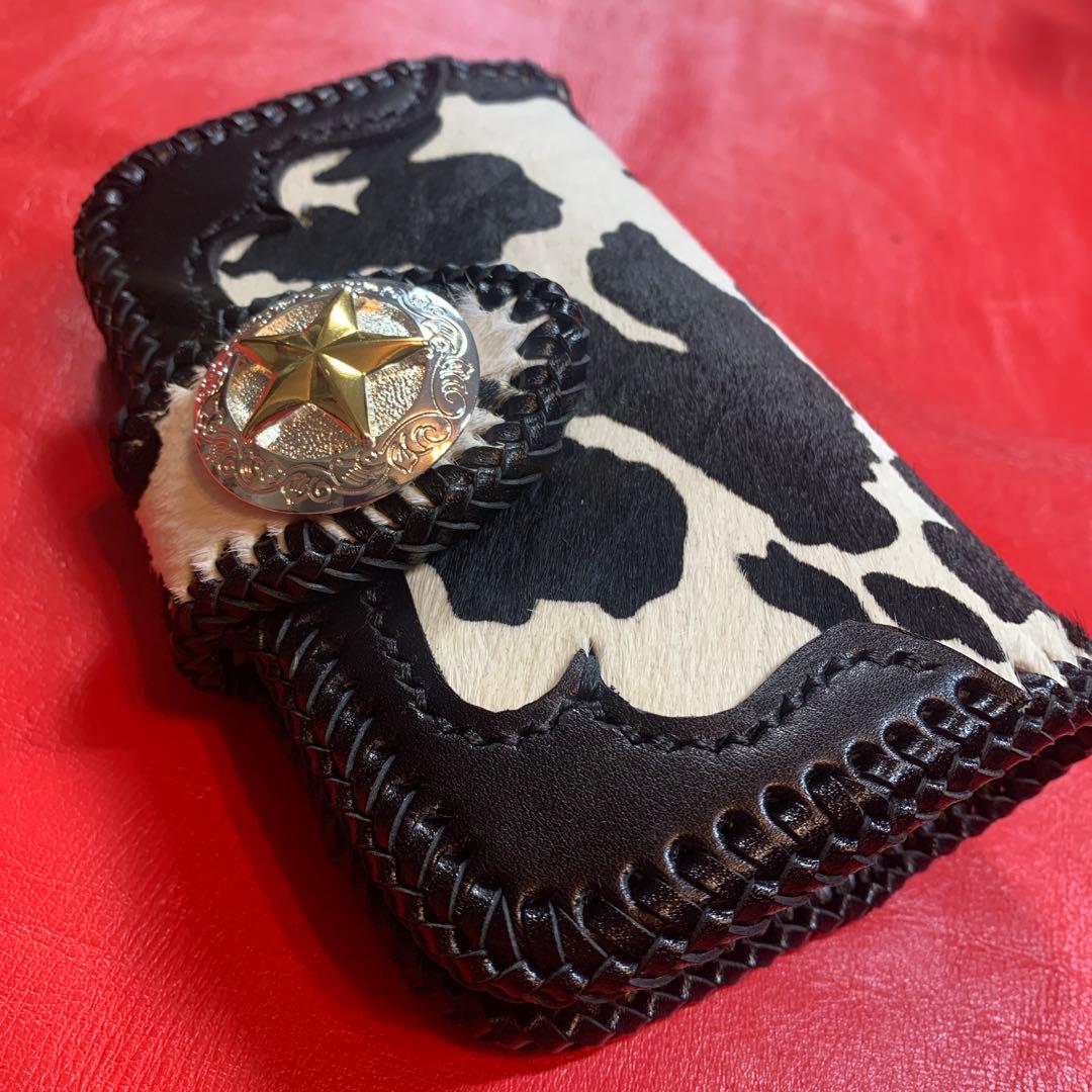 レザークラフトハンドメイドカウ柄ハラコレザーミドルウォレット牛レース編み黒色