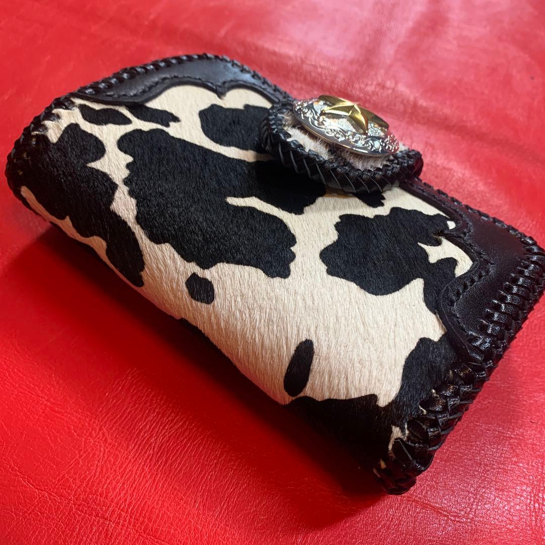 レザークラフトハンドメイドカウ柄ハラコレザーミドルウォレット牛レース編み黒色